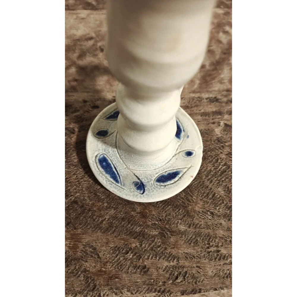 Williamsburg Pottery  Candlestick Holder Salt Glazed Cobalt Blue Leaf Gray